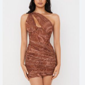 House of CB Clementine Swirl Print Cut Out One Shoulder Mini Dress Brown & Beige